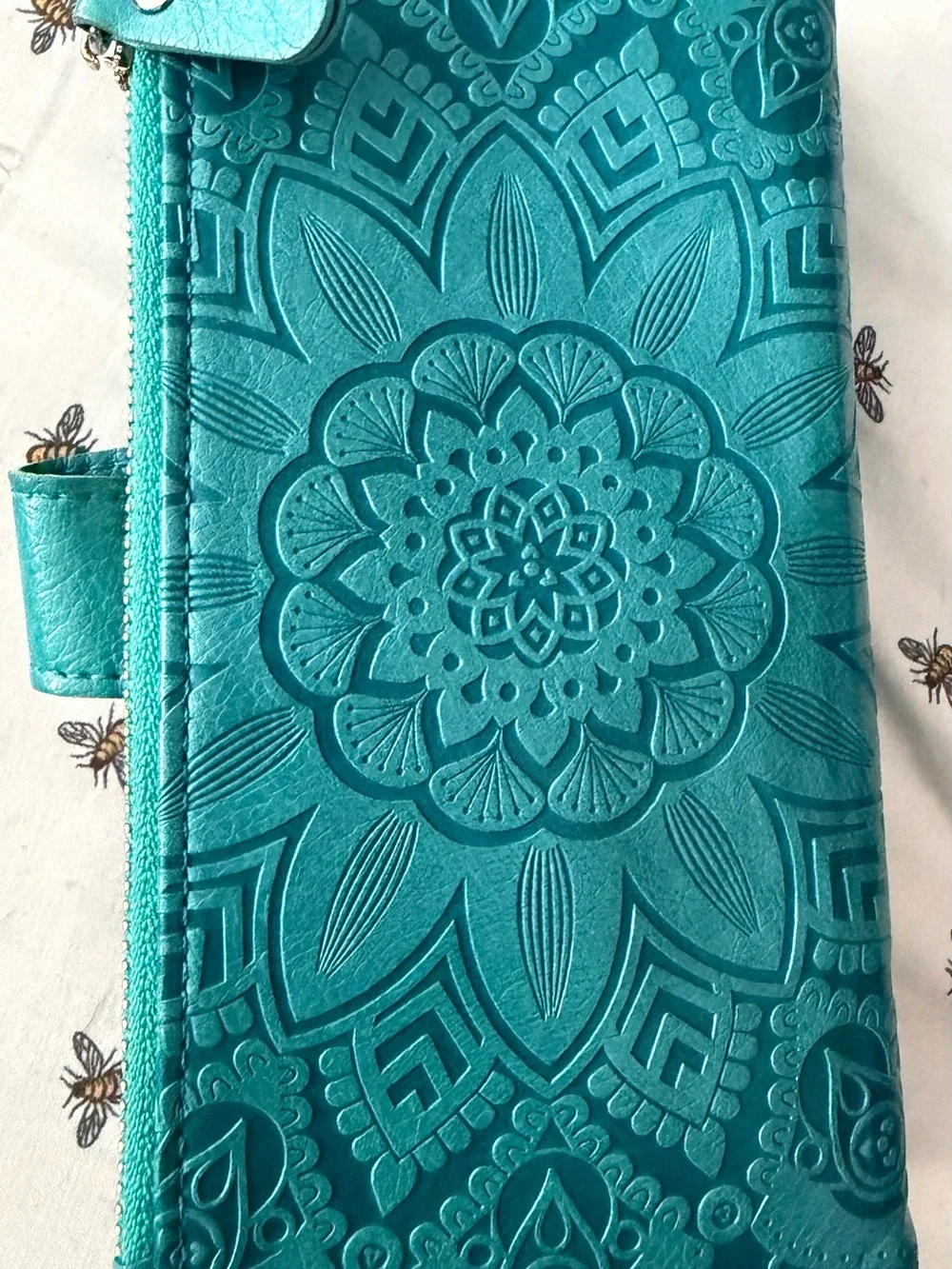 Teal Embossed Floral Wallet Phone Case with Wrist Strap iPhone 13 ProMax